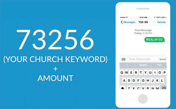 Text 73256 with your permanent keyword plus the amount. For example, "Realm 50".