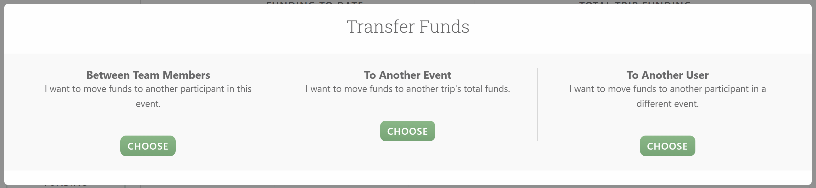 The Transfer Funds pop-up with the three transfer options.