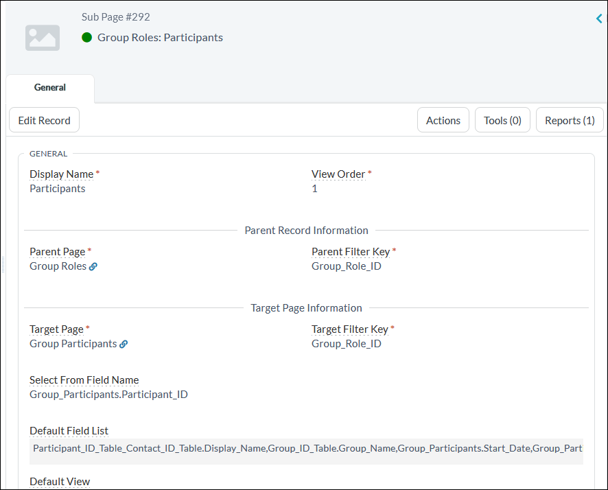 Subpage for Group Roles: Participants showing the Target Filter Key as Group_Role_ID