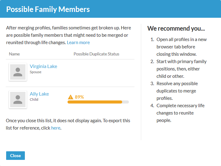 Modal window showing possible family members that may need to be merged or reunited