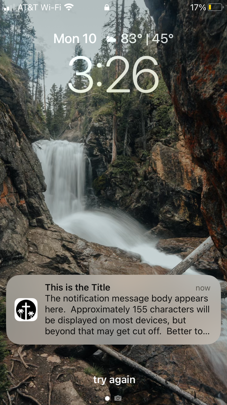 Example of a push notification on an iOS device displaying the title and part of the message