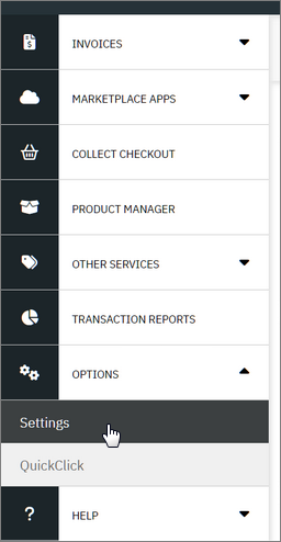 Payment gateway control panel showing the Options menu with the Settings option selected