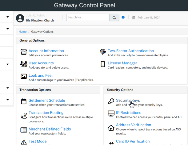 Gateway Control Panel showing a Security Options section with an option for Security Keys