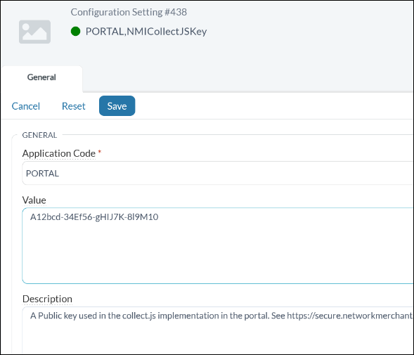 The PORTAL NMICollectJSKey configuration setting record in MinistryPlatform showing a sample Value