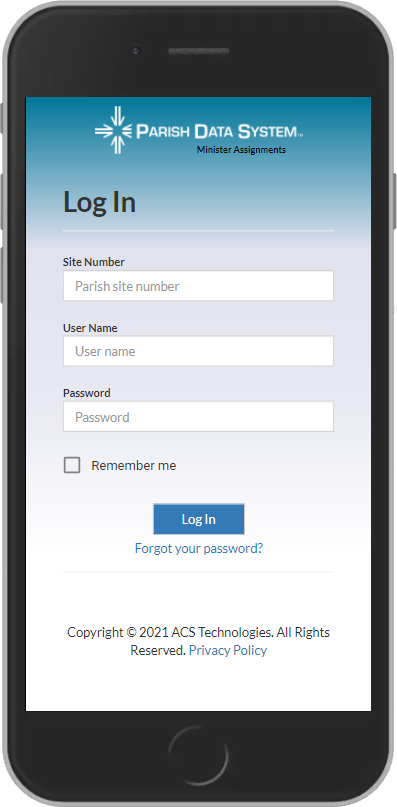 Minister Web App login screen where you enter your site number, user name, and password