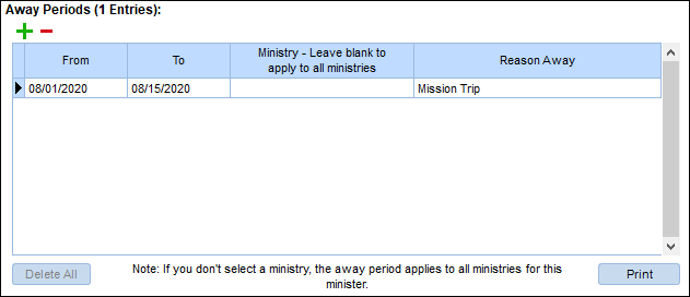Away Period set from 8/1 to 8/15 with Ministry column left blank and "Reason Away" entered as "Mission Trip"