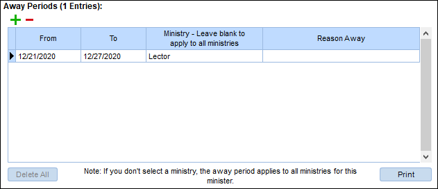 Away Period set from 12/21 to 12/27 with "Lector" selected for Ministry