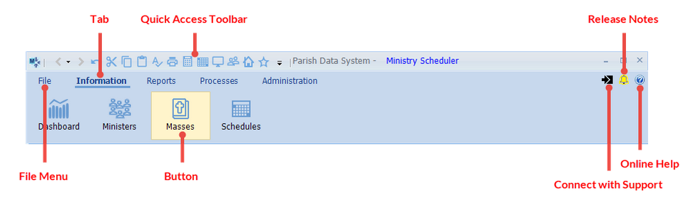the ribbon in PDS Ministry Scheduler, showing the File menu, tabs, Quick Access toolbar, buttons, and icons