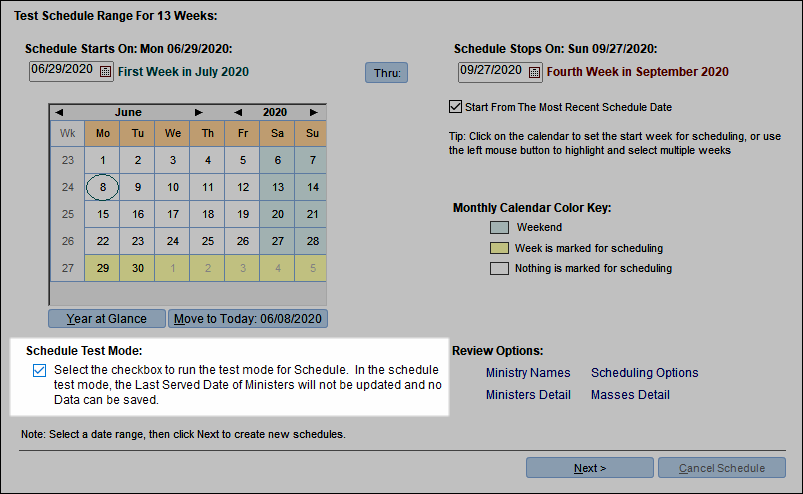 The Add a Schedule window showing the option for Schedule Test Mode selected