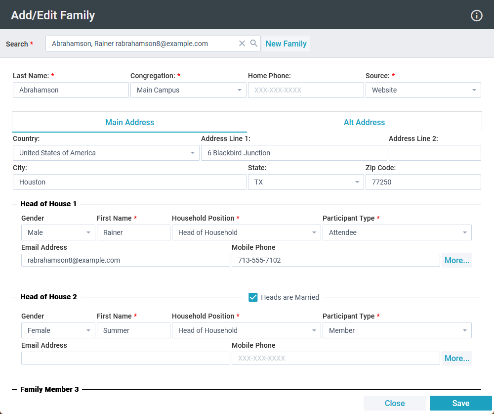Screenshot of the Add/Edit Family tool with an individual selected and their information displayed