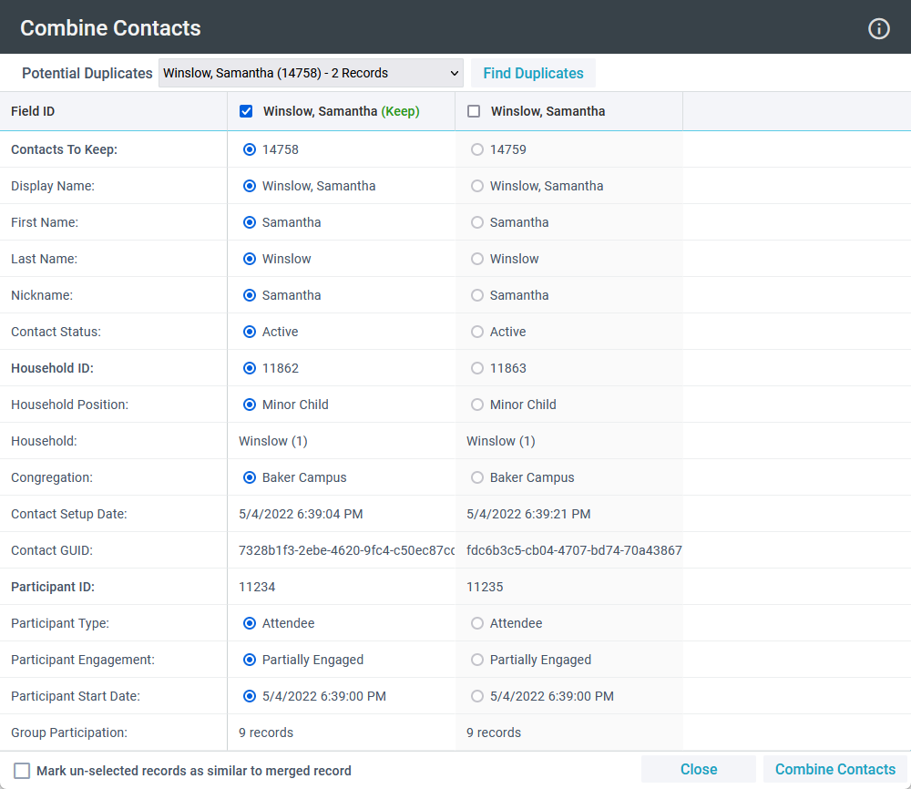 Combine Contacts Tool example showing two potential duplicates and which data to keep