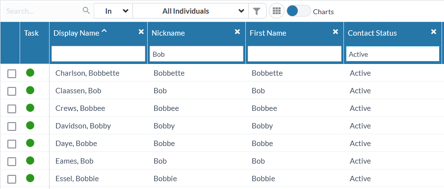Column search showing a search for "Bob" in the Nickname column with results showing Bobbette, Bob, Bobbee, Bobby, and so on