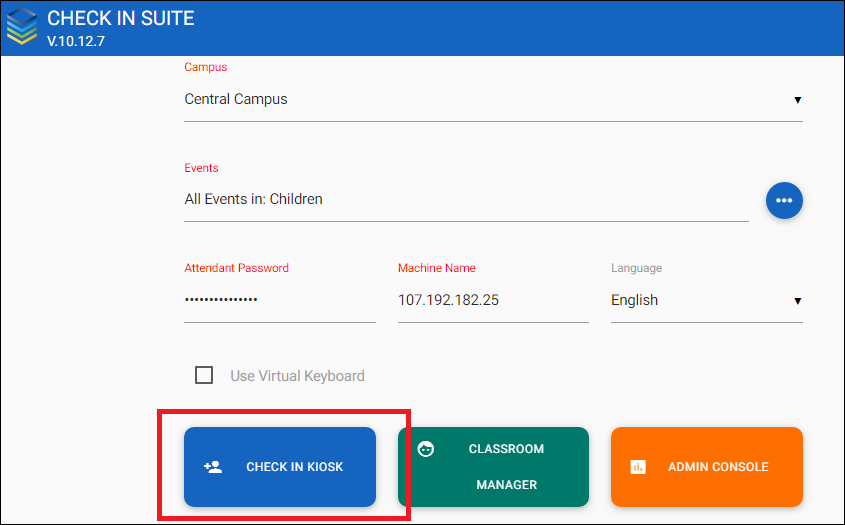Image displaying the Check-In Suite homepage. The blue Check In Kiosk button is outlined in red.