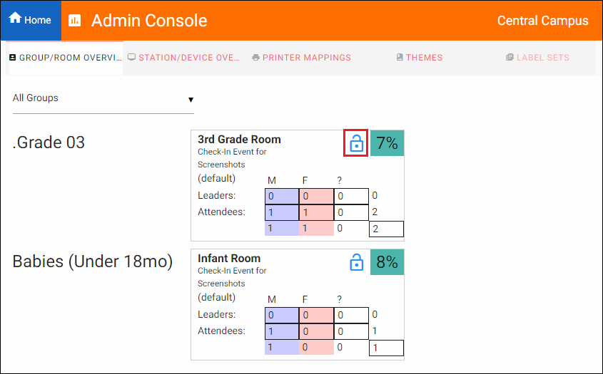 Image displaying the Room/Group Overview. The lock icon for the "3rd Grade Room" is outlined in red.