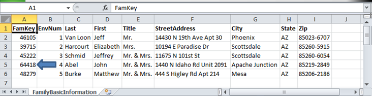 Example file showing the headers Fam Key, Env Num, Last, First, Title, Street Address, City, State, and Zip with data in the cells below