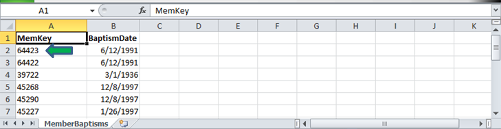 Example file showing the headers Mem Key and Baptism Date with data in the cells below