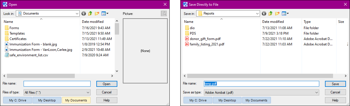 Two dialog boxes: one titled "Open" showing sample files in the My Documents folder, and the other titled "Save Directly to File" showing sample files in the Reports folder