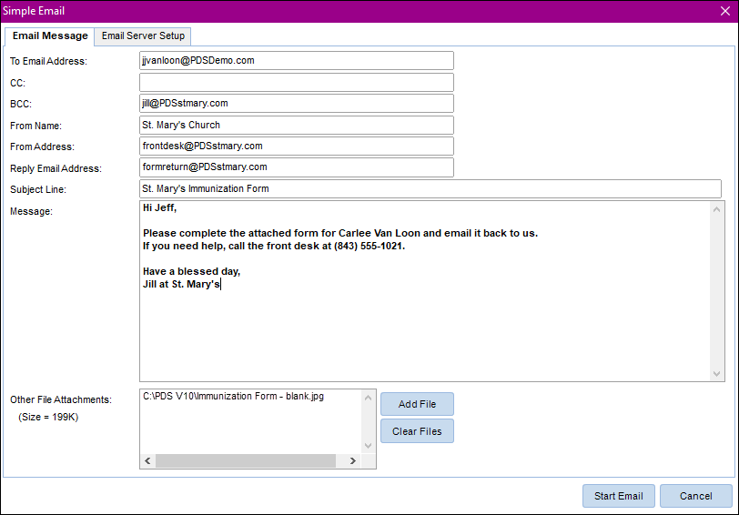 example showing the Simple Email dialog box with a sample message