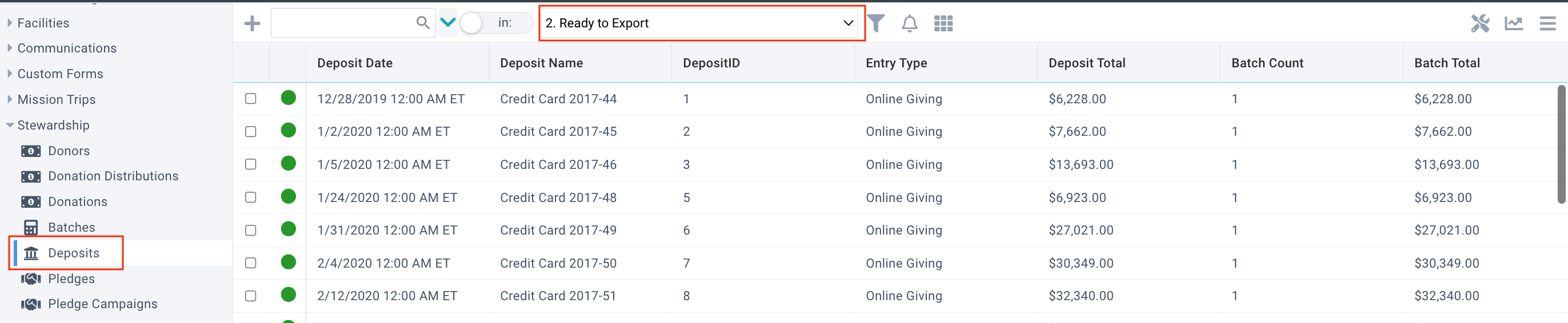 The Ready to Export view in the Stewardship > Deposits section of MinistryPlatform.