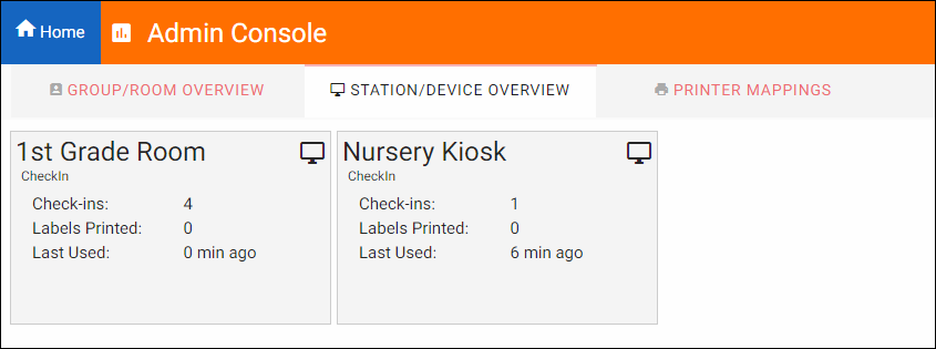 Image displaying the Station/Device Overview tab of the Admin Console. One column shows stats for the first grade room, and another column shows the stats for the Nursery Kiosk.