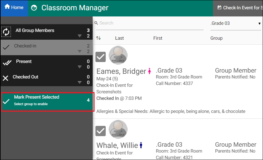 Image displaying the Classroom Manager. The Mark Present Selected tab is on the left, outlined in red and shows that four participants are selected to be marked present.