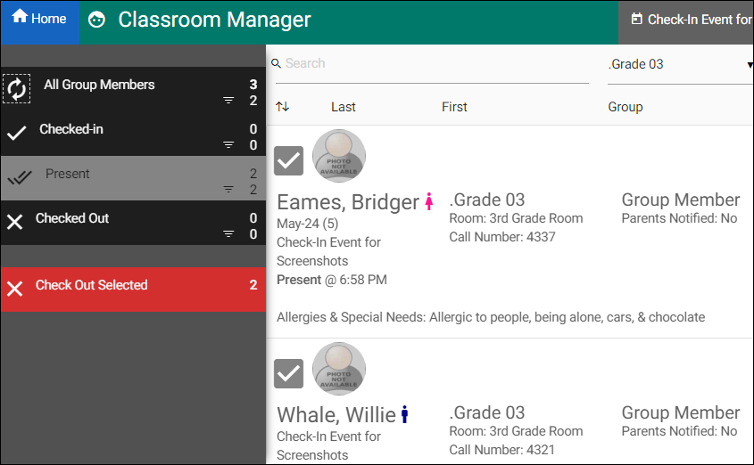 Image displaying the Classroom Manager. The red Check Out Selected tab is on the left and shows that two participants are selected for check out.