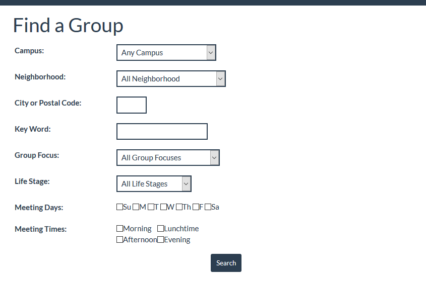 Group Finder showing options to filter by Campus, Neighborhood, City or Postal Code, Key Word, Group Focus, Life Stage, Meeting Days, and/or Meeting Times