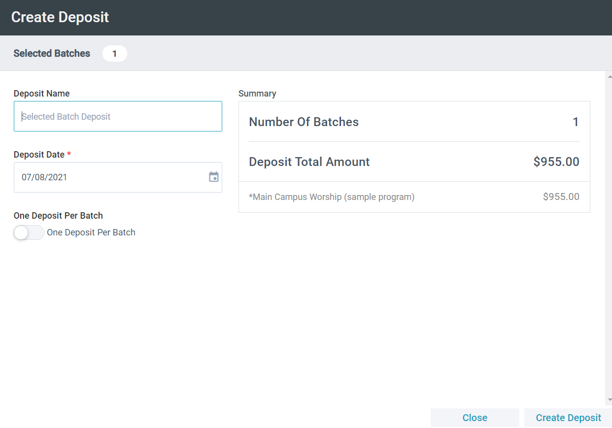 Screenshot of the Create Deposit tool displaying the selected batch information and options for the deposit