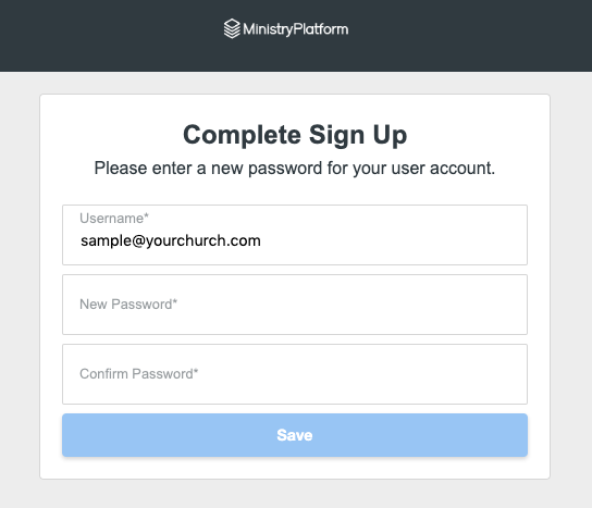 The Complete Sign Up screen with a sample email entered in the Username field