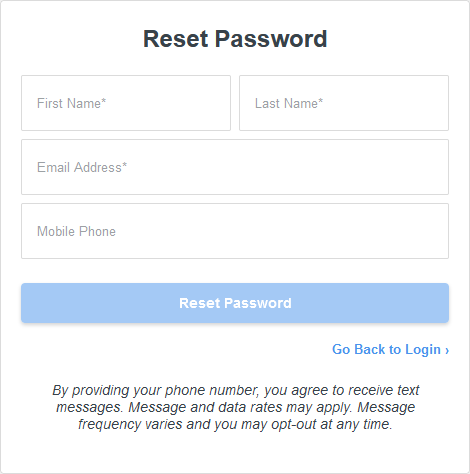 Reset Password window showing fields to enter information and a button to Reset Password