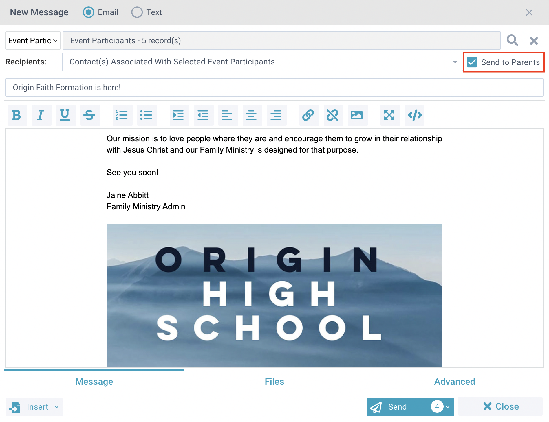 New Message Tool showing the Send to Parent check box selected for an example email