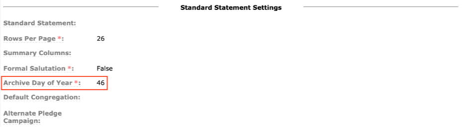 Screenshot of the Standard Statement Settings showing the Archive Day of Year field set to 46.