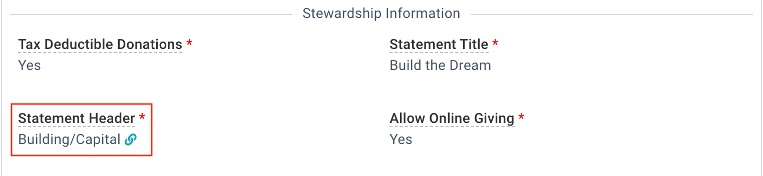 image displaying the Stewardship Information section, with the Statement Header field outlined in red.