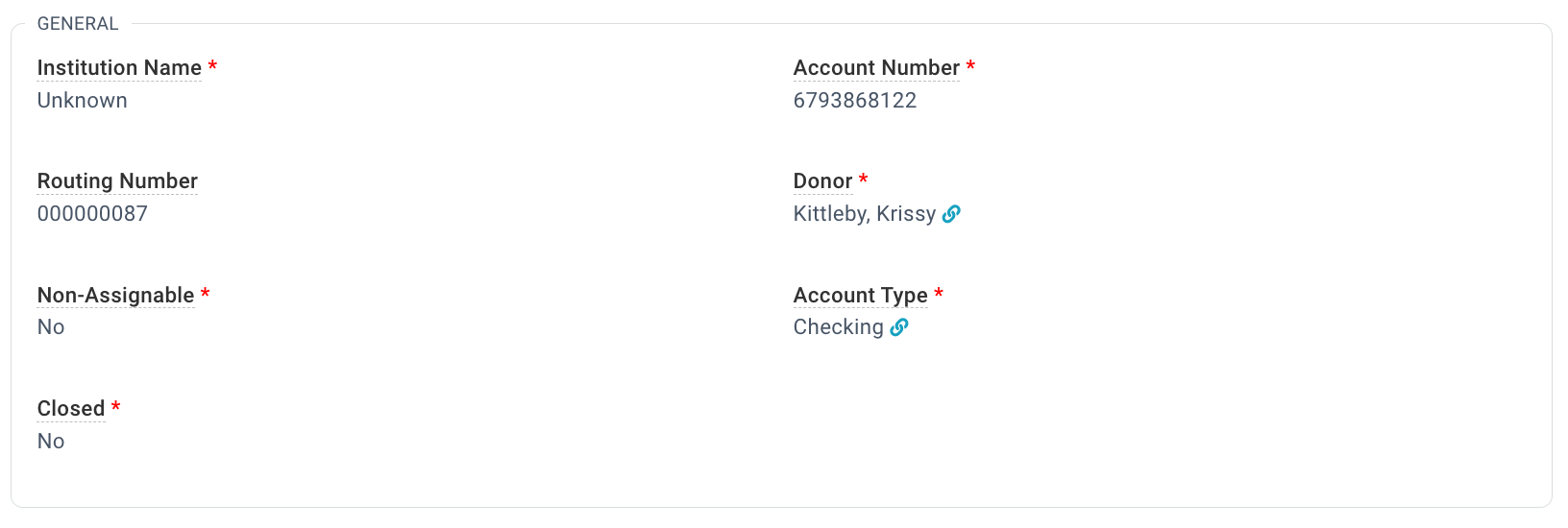 Donor account fields.