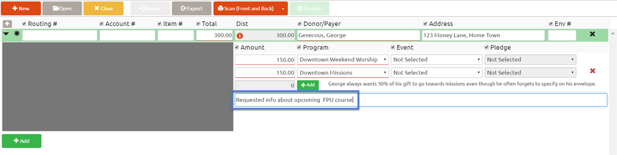 Image displaying an example Donor note memo that reads "Request info about upcoming FPU course" in the field below the green Add button.