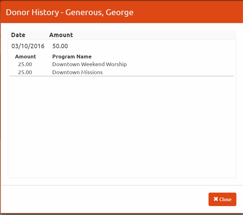 Image displaying example Donor history for Generous George. The history includes the date, total amount, and amounts broken out by program.