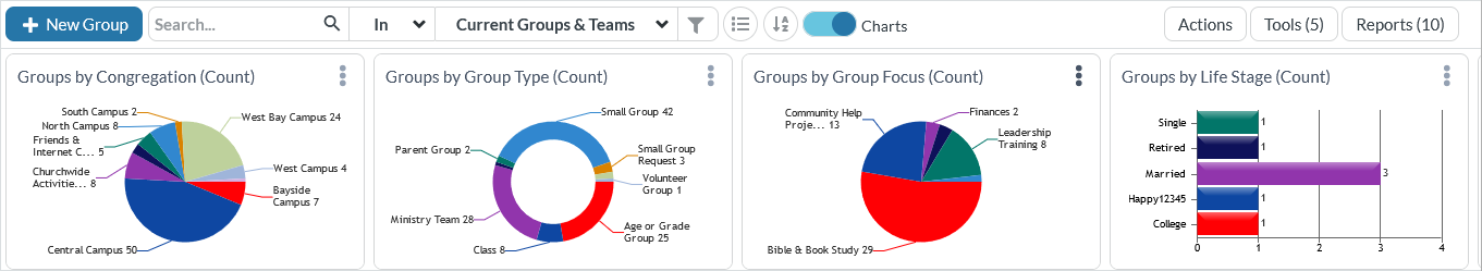 Example showing the charts displayed at the top of the Groups page for all current groups and teams