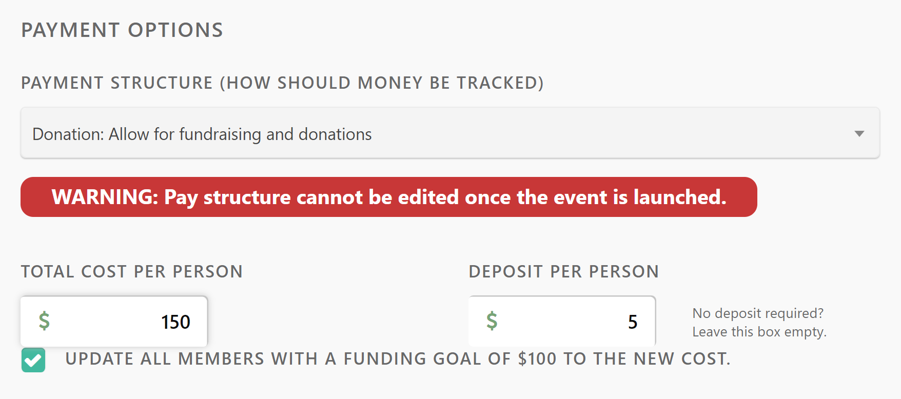 An event's Payment Options section. The Update All Members check box is selected.
