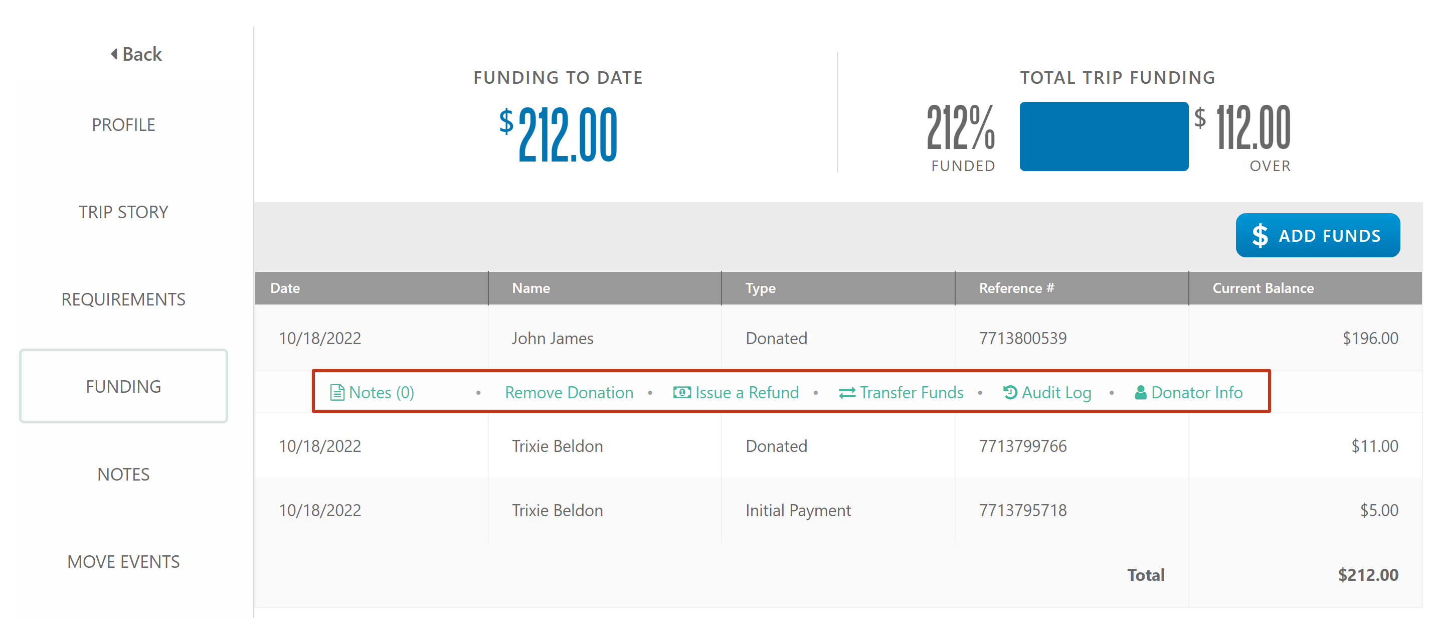 Image showing the Funding page. The funding options drop-down buttons are outlined in red.