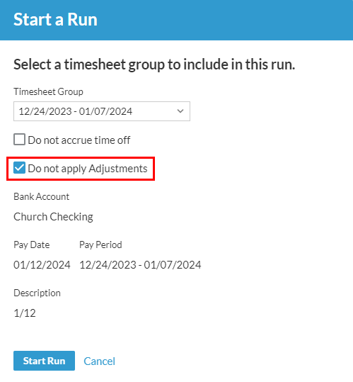 Start a Run window showing a checkbox for Do not apply Adjustments