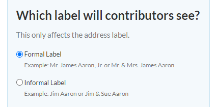 image showing the formal and informal label selections within Contribution and Pledge Statements
