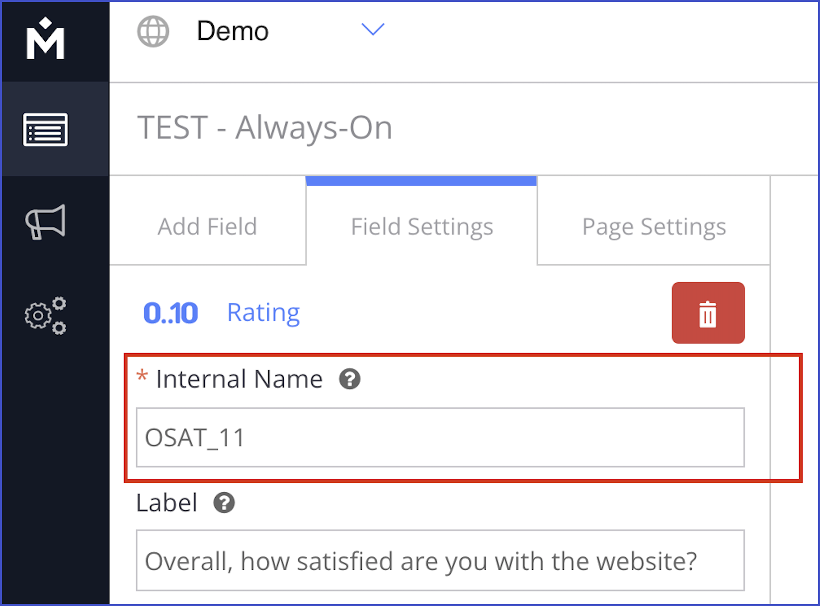 Internal Name field in Medallia Digital