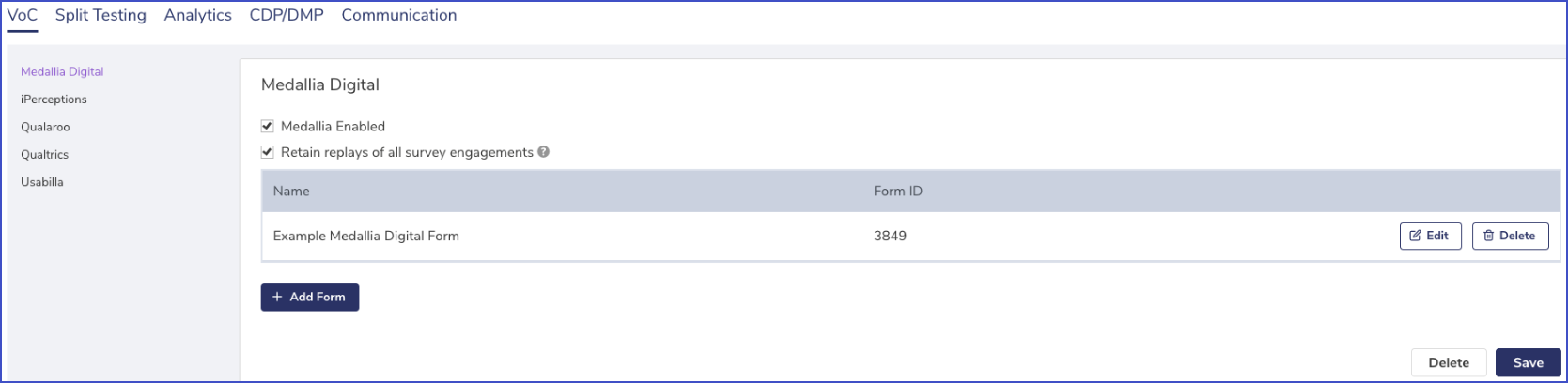 Table in the Medallia Digital data connector settings