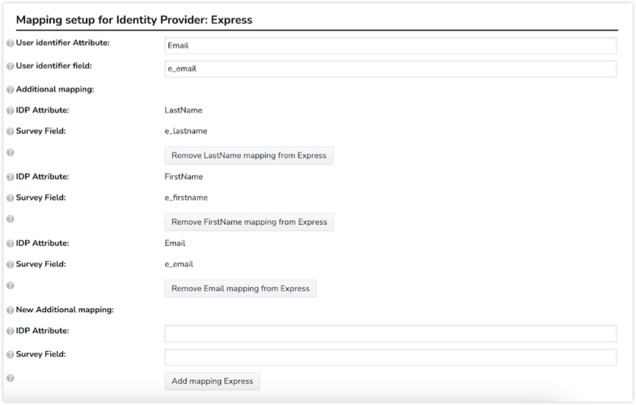 Screen capture showing a mapping example using the same values for both user ID mappings and additional mapping