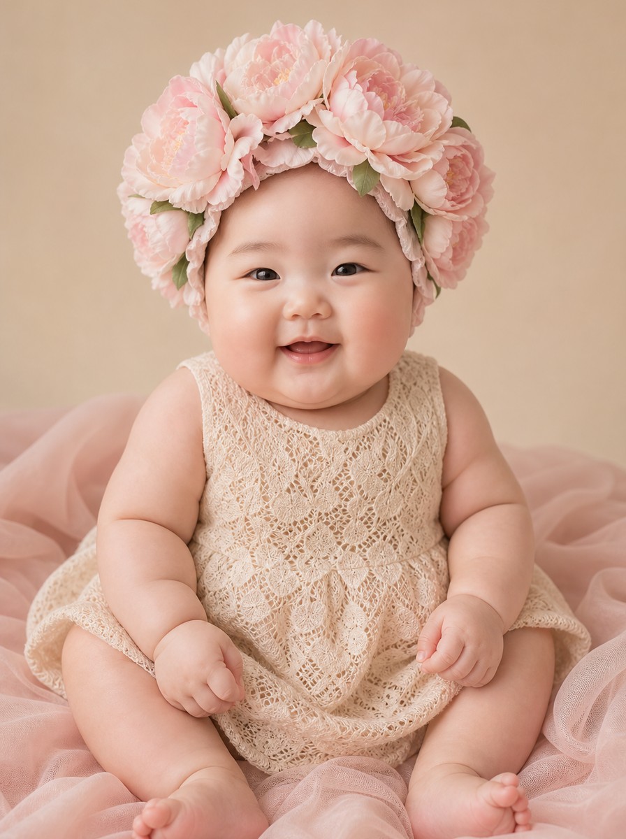 백일사진 프롬프트 연분홍 모란 화관 (베이지 레이스)