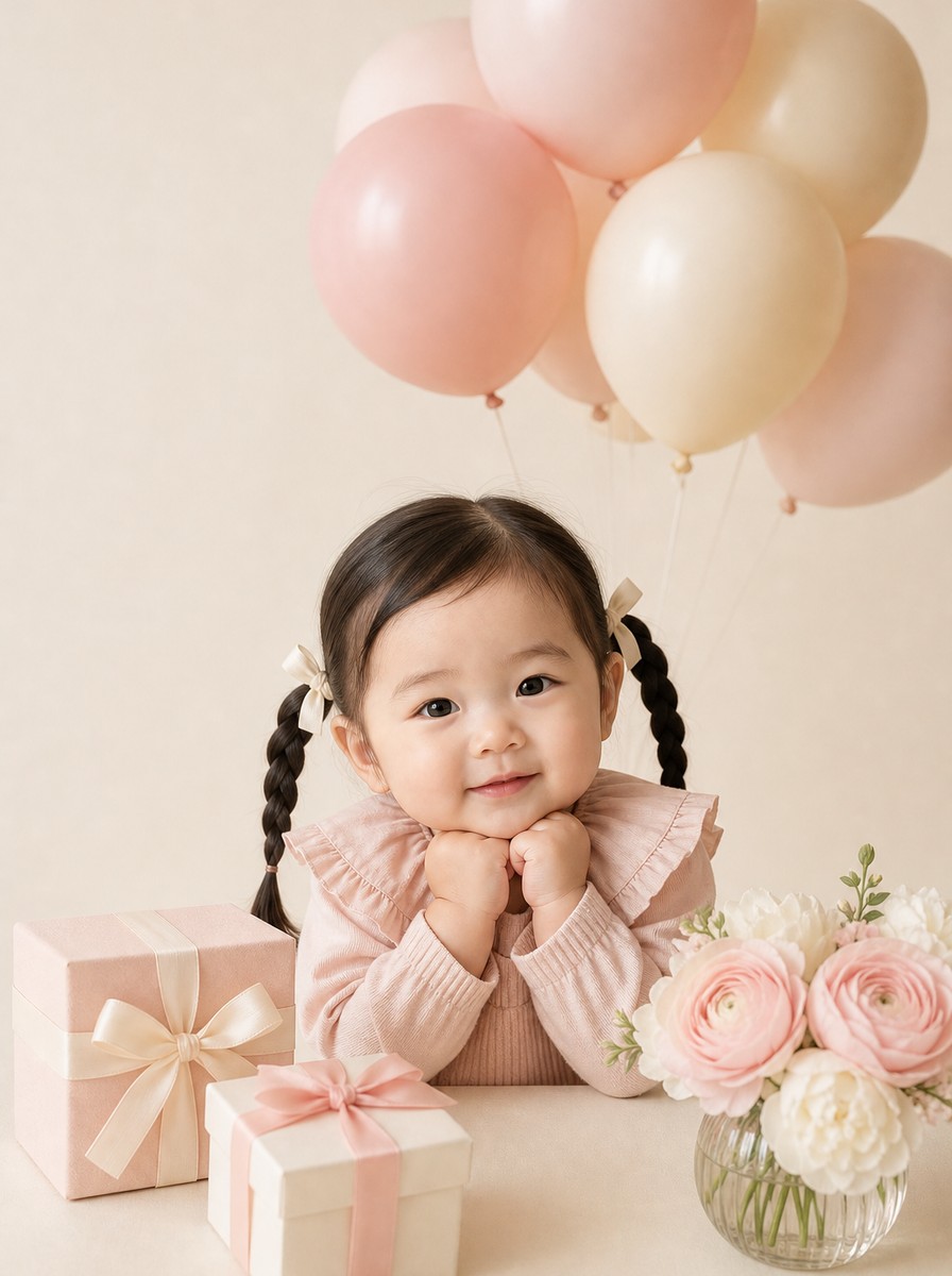 돌사진 프롬프트 생일 우아한 화보 (블러시 핑크 풍선 클러스터)