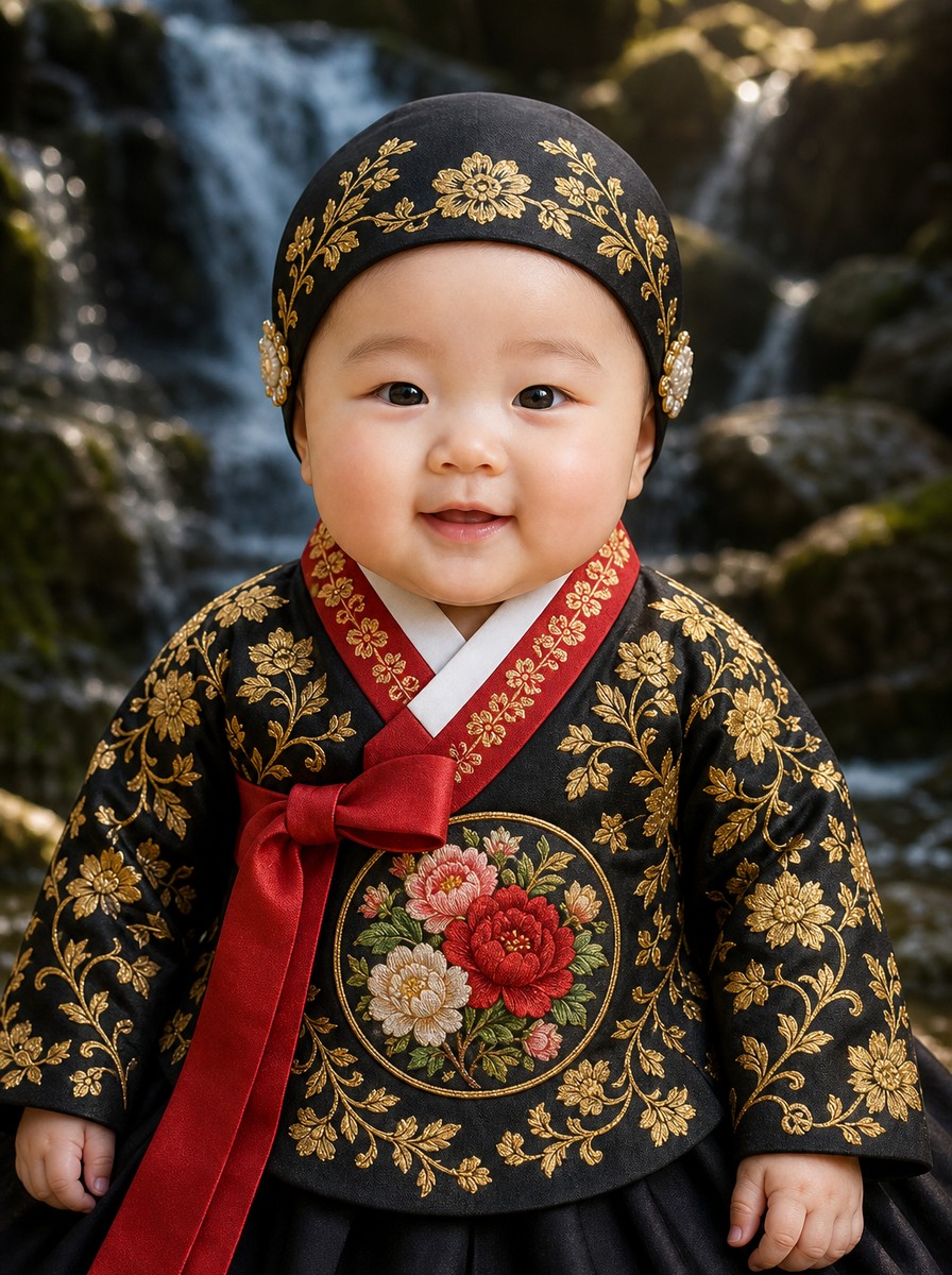 돌사진 프롬프트 황실 한복 모란 흉배 (검정 + 야외)