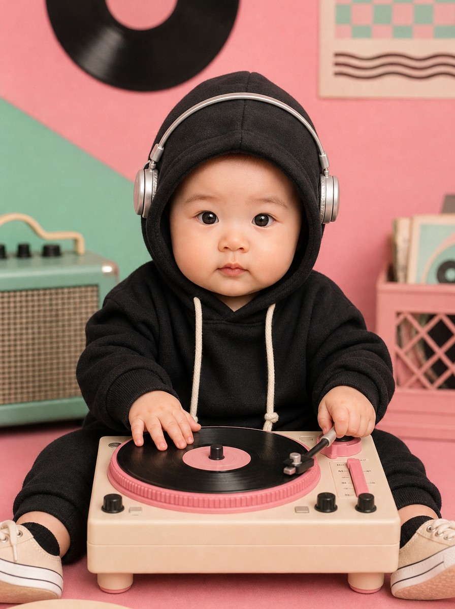 미니 DJ (블랙 후드 + 턴테이블 + 헤드폰)