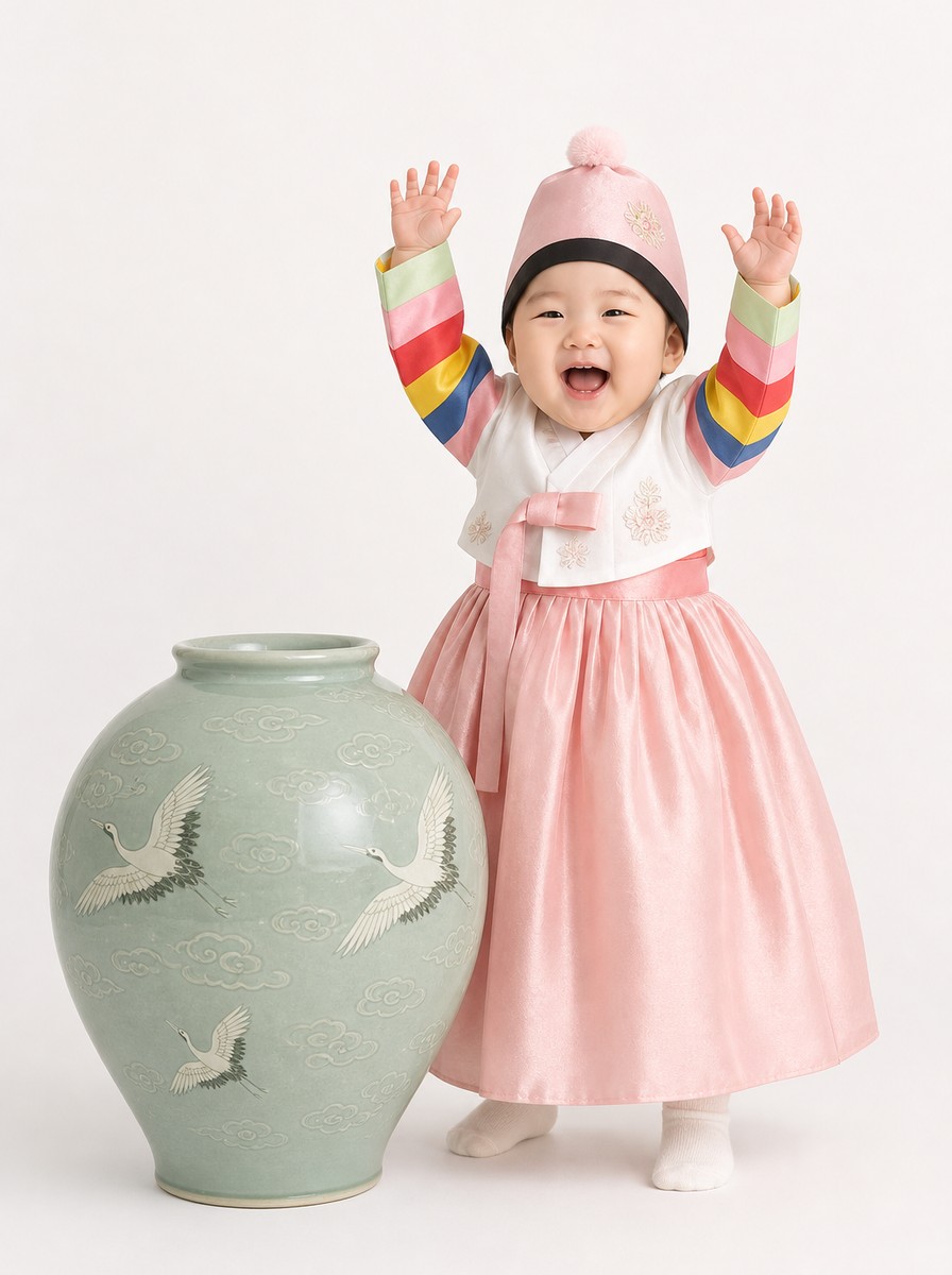 분홍 색동 돌한복 + 청자 매병