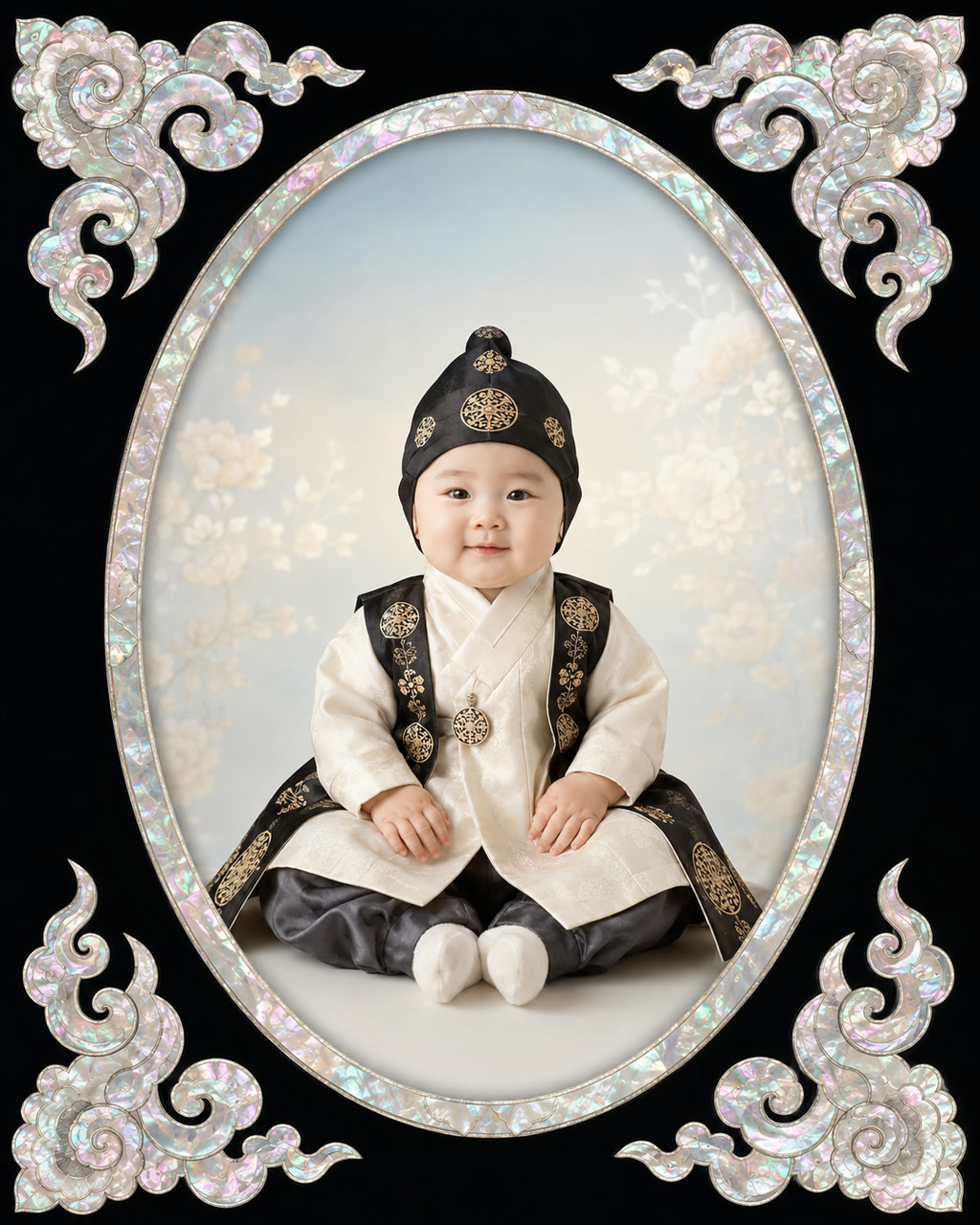 자개 액자 + 한복 도령: 첫돌 자개 모티프 남아
